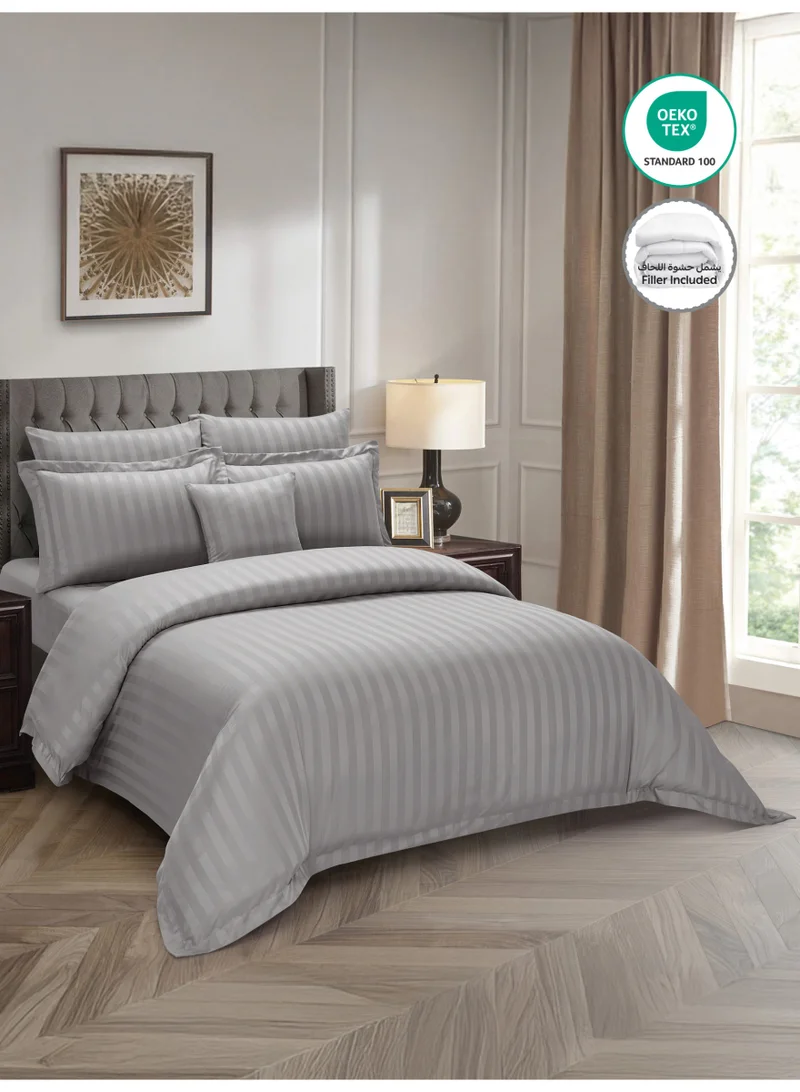 Donetella Hotel Striped Comforter Set, Fits 200x200 cm Size Bed, Removable Duvet Filler Included, 8-Pcs King Size, 350 GSM Filling.